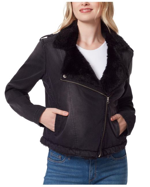 Jessica Simpson Blue Finley Faux-fur Trim Denim Moto Jacket