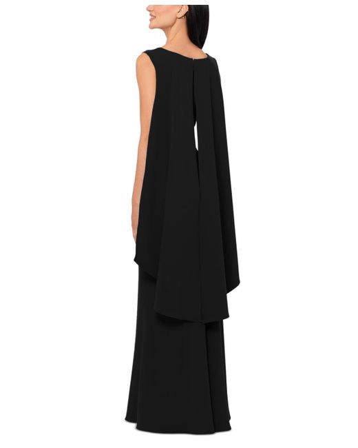 Xscape Black Asymmetric-neck Sleeveless Cape Gown