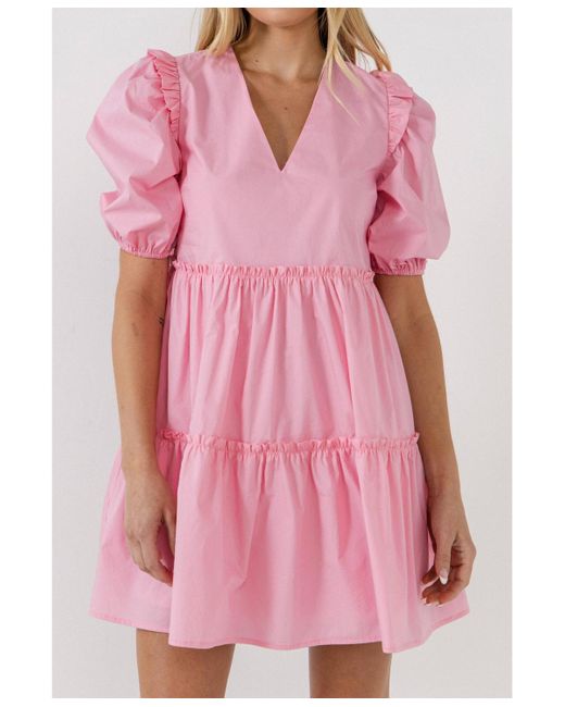 English Factory Pink Ruffle Detail Puff Sleeve Mini Dress
