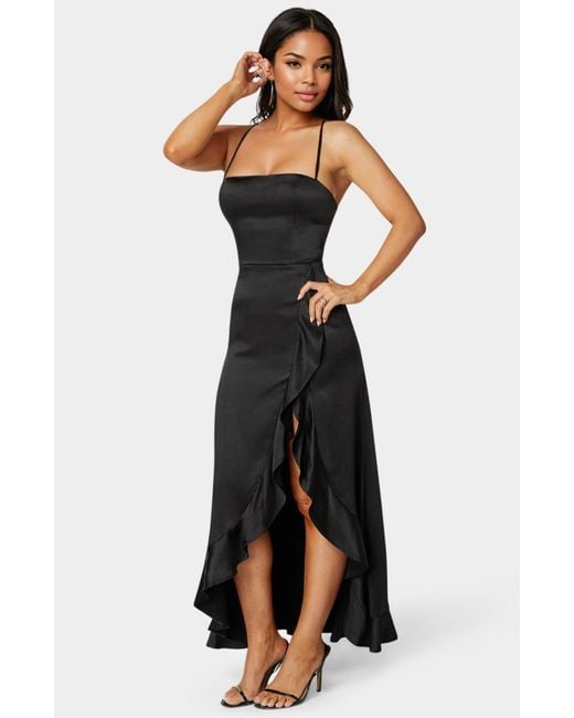 Bebe Black Satin Ruffle Maxi Lace Up Back
