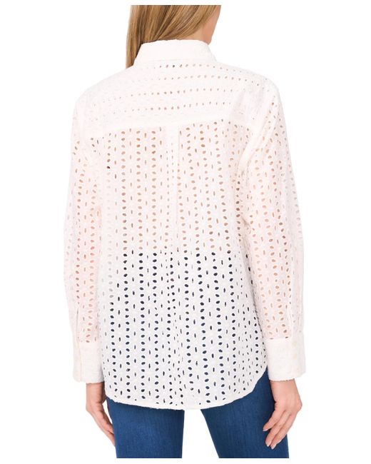 Cece White Collared Button-front Eyelet Blouse