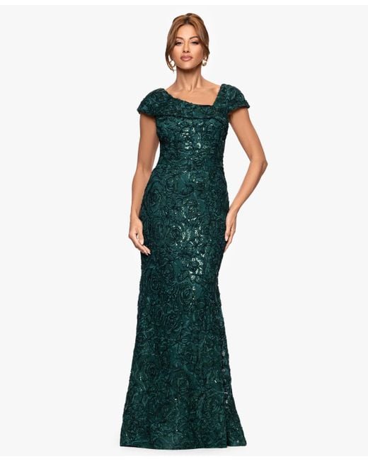 Xscape Petite Long Lace Asymmetrical Neck Dress in Green | Lyst