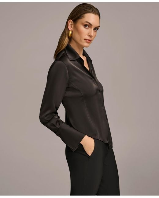 Donna Karan Black Petite Button Front Point Hem Top