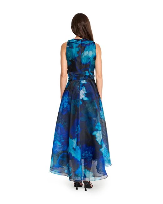 Tahari Blue Printed Organza Cross Neck Midi Dress