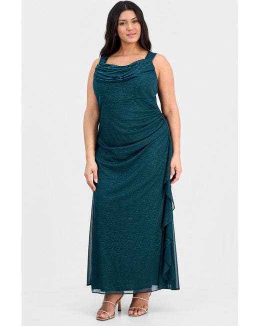 Alex Evenings Blue Plus Size Cowlneck Ruched Glitter Gown