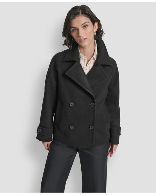 DKNY Women's Black Short Double Breasted Collared Coat
