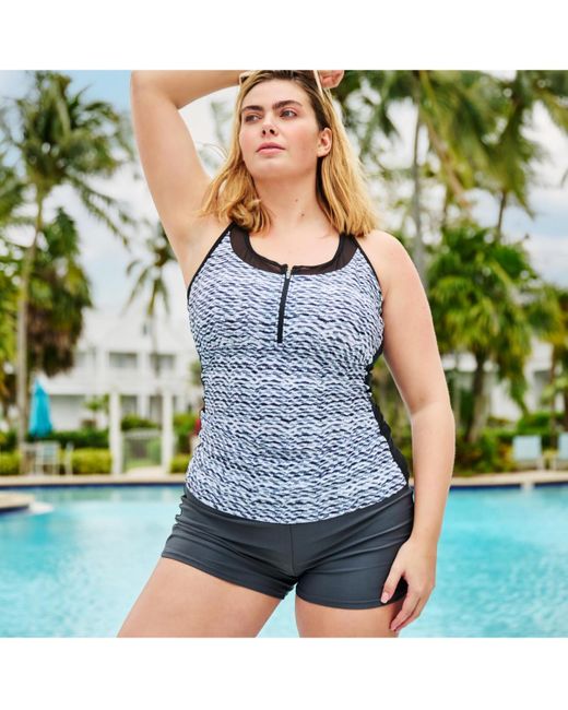 Free Country Blue Plus Size Mesh Zip-up Tankini Top