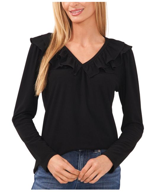Cece Synthetic Ruffled Long-sleeve Top in Black | Lyst