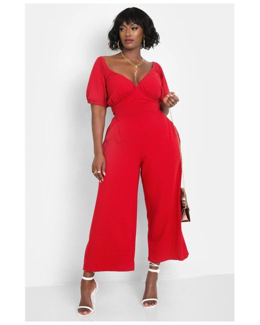 Rebdolls Red Plus Size Peasant Top Wide Leg Jumpsuits W. Pockets