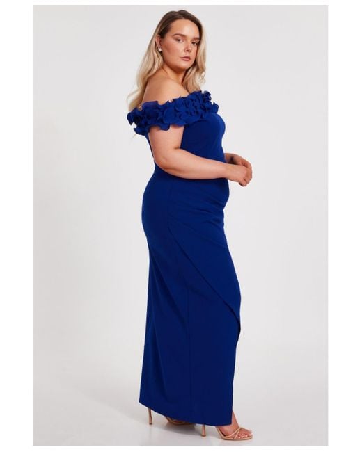Quiz Blue Plus Size Bardot Ruffle Maxi Dress