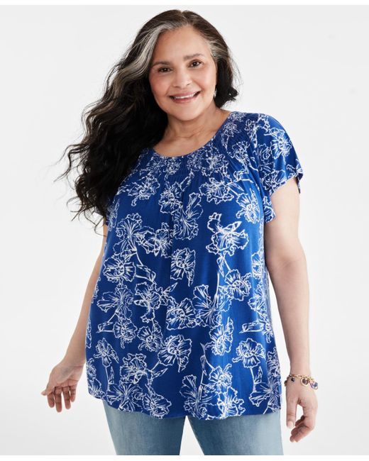 Style & Co. Blue Plus Size Printed Gathered Scoop-neck Flutter-sleeve Top
