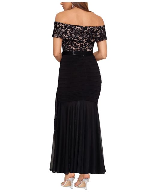 Betsy & Adam Black Petite Lace-top Off-the-shoulder Gown