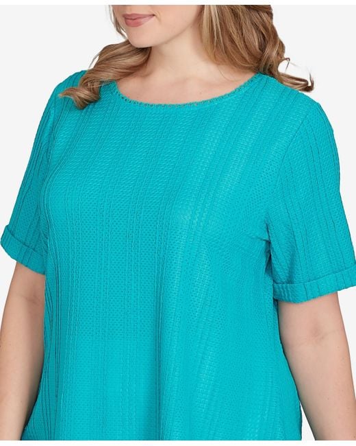 Ruby Rd Blue Plus Size Solid Crinkle Knit Top