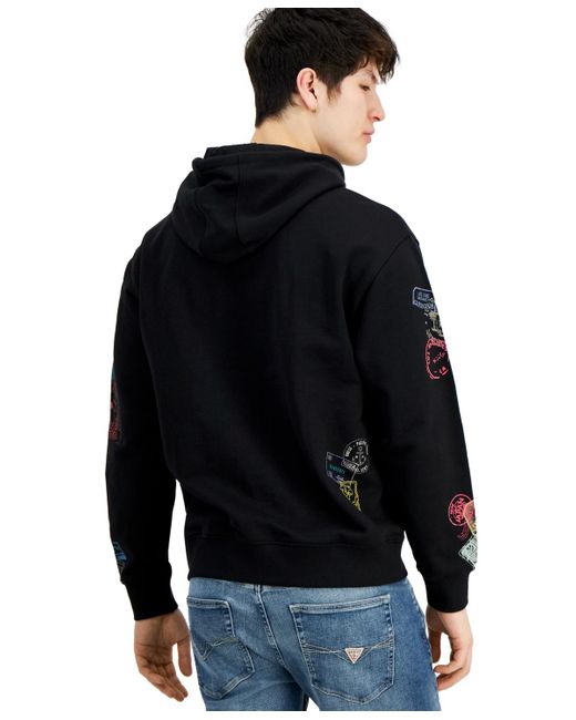 Guess Black World Stamp Printed Pullover Logo Hoodie for men