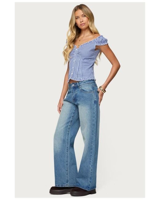 Edikted Blue Dorothie Gingham Button Up Top