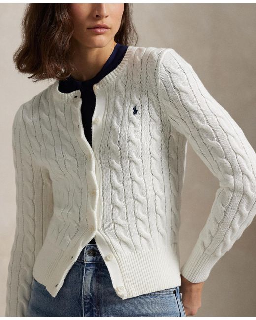 Polo Ralph Lauren White Cable-knit Cotton Crewneck Cardigan Sweater