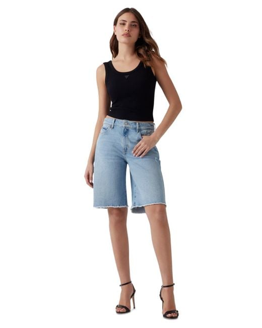 Guess Blue Kai High-rise Wide-leg Raw-hem Shorts