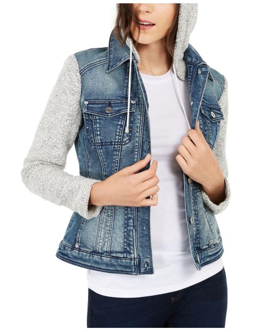 INC International Concepts Blue Inc Knit & Denim Hoodie Jacket, Created For Macy's