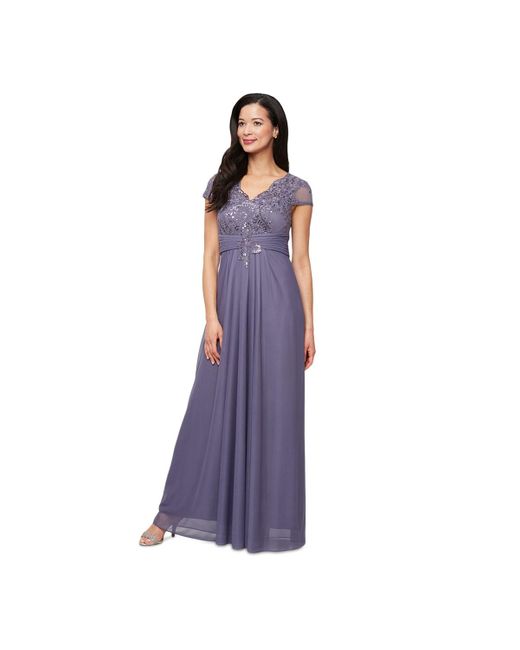 Alex Evenings Purple Embellished Short-sleeve Gown