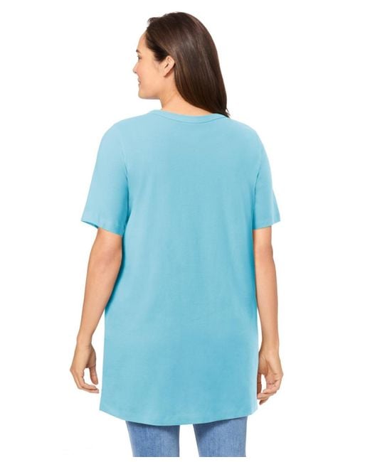 Woman Within Blue Plus Size Within Perfect Short-sleeve Shirred V-neck Tunic