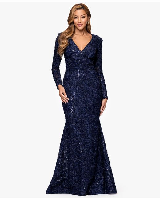 Xscape Petite Long Sleeve V-neck Lace Dress in Blue | Lyst Xscape Petite Long Sleeve V-neck Lace Dress in Blue | Lyst