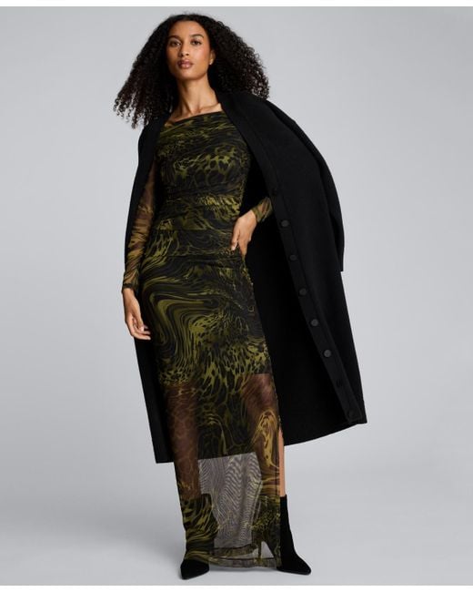 Kenneth Cole Black Long Sleeve Ruched Printed Sheath Dress