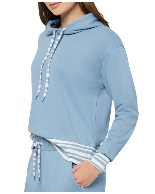 Three Dots Blue Striped Trim Pullover Hoodie