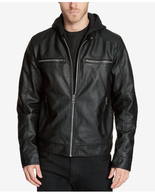Guess Black Men's Faux-leather Detachable-hood Motorcycle Jacket for men