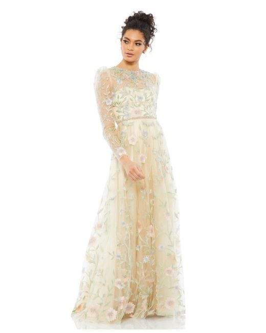 Mac Duggal White Floral Print Butterfly Sleeve Flowy Gown