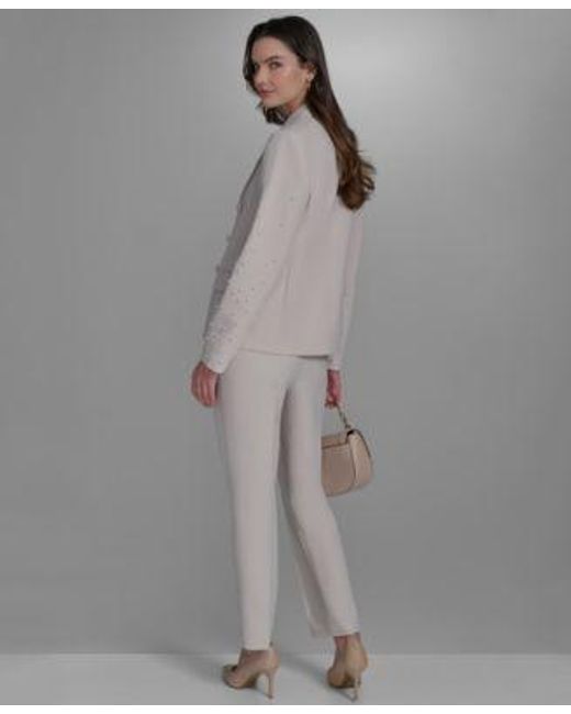 Karl Lagerfeld Gray Open Front Pearl Embellished Jacket Slim Fit Pull On Pants Embellished Neck Sleeveless Knit Top
