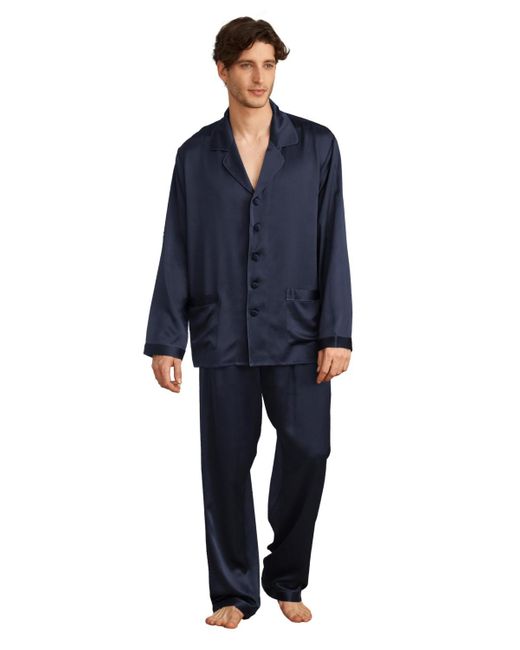 LILYSILK Blue 22 Momme Long Silk Pajamas Set for men