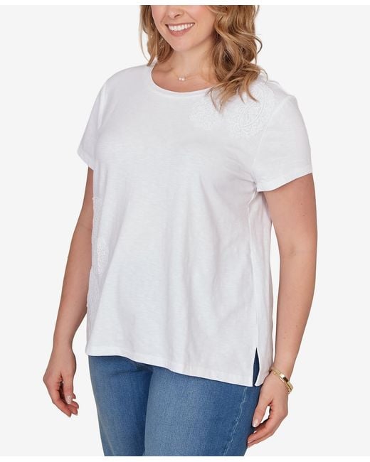 Ruby Rd White Plus Size Paisley Lace Solid Knit T-shirt