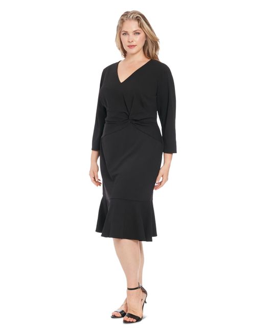 London Times Black Plus Size Side-knot 3/4-sleeve Dress