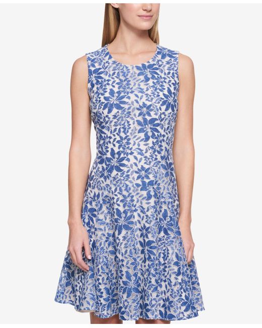Tommy Hilfiger Denim Lace Sleeveless Fit And Flare Dress in Denim/Ivory ...