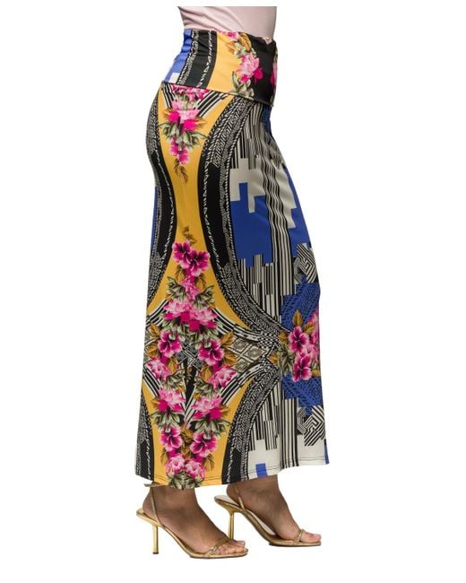 24seven Comfort Apparel Blue Multicolor Floral Print Fold Over Waist Maxi Skirt