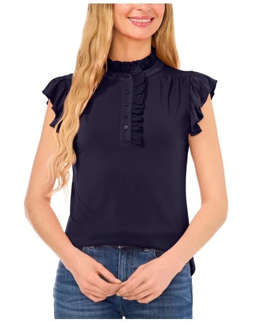 Cece Blue Ruffled Front-placket Cap-sleeve Knit Top