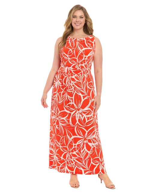 London Times Red Plus Size Floral-print Halter-neck Maxi Dress