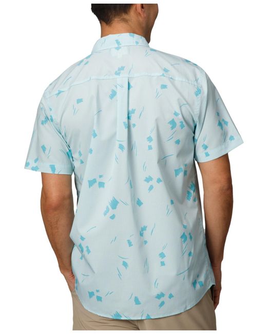 Reef Blue Colton Short Sleeve Button-front Perforated Printed Shirt for men
