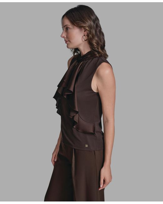 BCBGMAXAZRIA Brown Sleeveless Ruffle Front Blouse