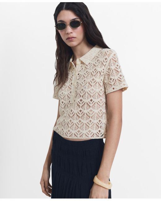 Mango White Short-sleeved Crochet Sweater