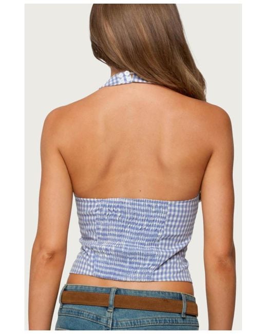 Edikted Blue Evan Gingham Button Up Halter Top