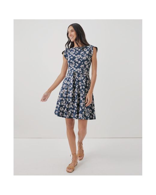 Pact Blue Organic Cotton Fit & Flare Petal Sleeve Dress