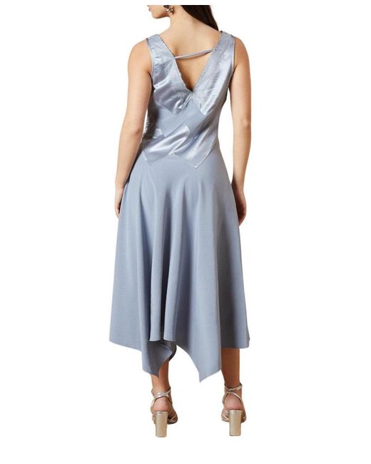 Oasis Blue V-neck Mesh Asymmetric Midi Dress