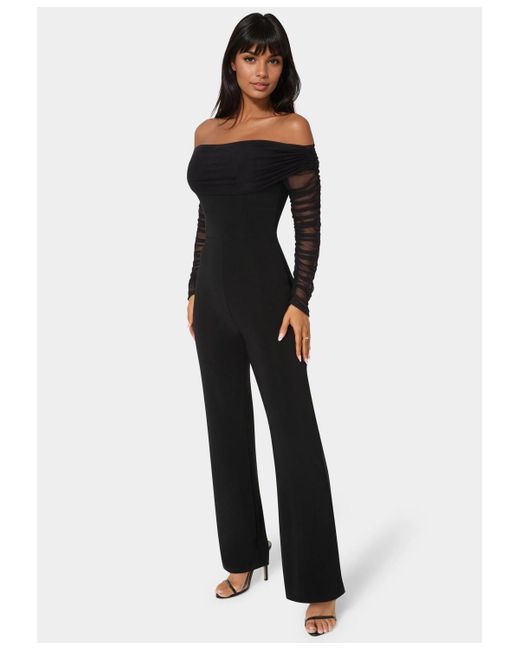 Bebe Blue Off Shoulder Ruched Jumpsuit