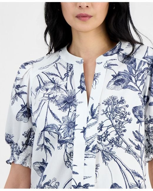 Tahari Blue Printed Split-neck Top