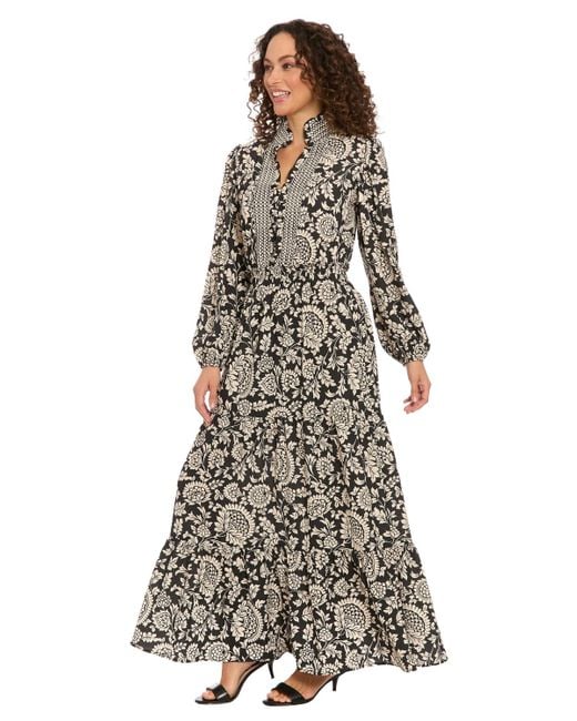 London Times White Ruffle Neck Smocked Waist Dress