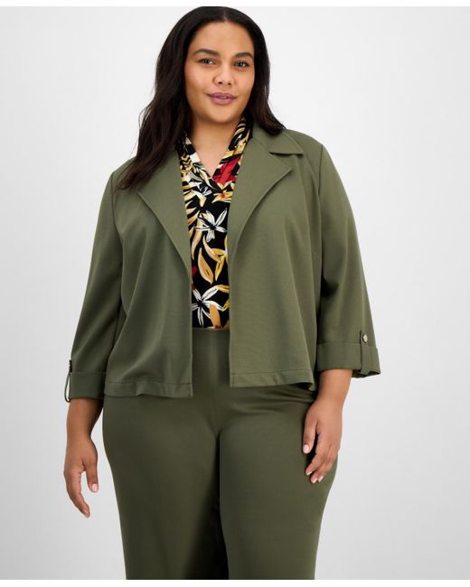 Anne Klein Green Plus Size Drapey 3/4-sleeve Open-front Jacket