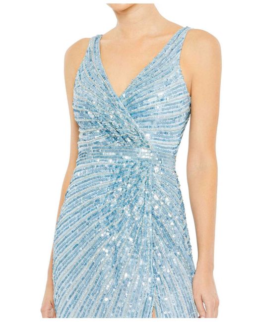 Mac Duggal Blue Sequined Faux Wrap Sleeveless Gown