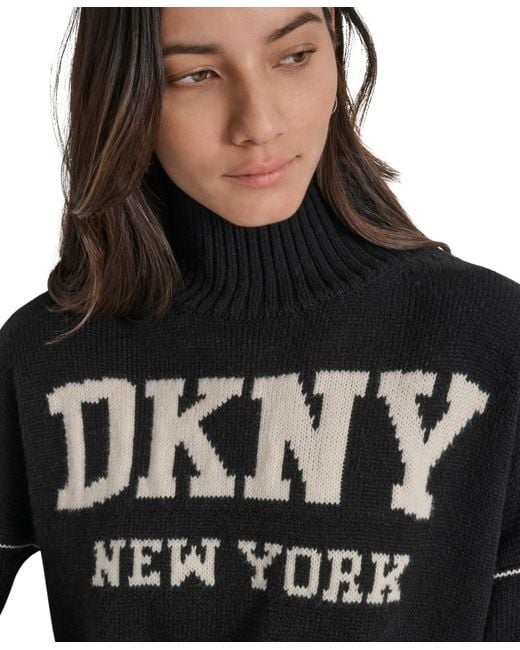 DKNY Black Intarsia Logo Turtleneck Sweater