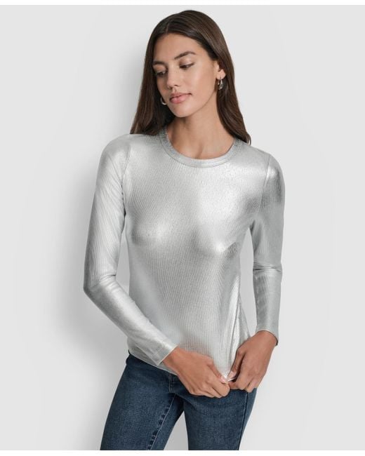 DKNY Gray Foil Rib Crewneck Long Sleeves Top